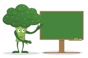 cute green broccoli cartoon character with a green board. vector illustration