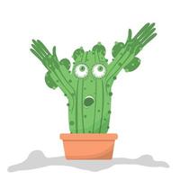 lindo cactus sorprendido o personaje suculento, ilustración de dibujos animados vectoriales en estilo plano vector