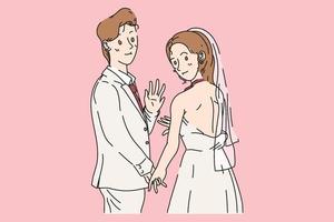 gráfico de dibujos animados de boda, pareja casada dibujada a mano ilustración vectorial gráfica en color de tono suave vector