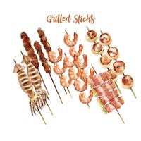 Set of grilled prawns squids porks bacon with golden mushroom and scallops skewer on wooden sticks vector