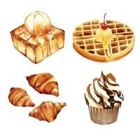 Set of croissant toast waffle and cupcake bakery watercolor vector illustration isolate on white