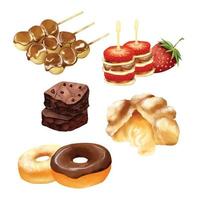 conjunto de comidas dulces aperitivo donut choux crema brownie cupcake panqueque pintura vector ilustración