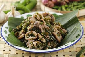 Cumi Cabe Ijo, Spicy Stir Fry Squid with Green Pepper, Shallot, and Garlic. Served on Enamel Plate on Wooden Table photo