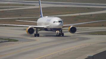 FRANKFURT AM MAIN, GERMANY JULY 19, 2017 - Passenger Boeing 767 of Icelandair taxiing at Frankfurt, Germany. Icelandic airline. Tourism and travel concept, air flight video