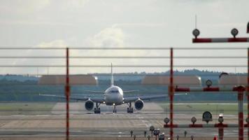 Jet airplane braking after landing in Dusseldorf Airport video