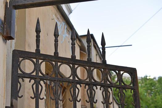 Abstract iron fence stakes gates for digital wallpaper design. Abstract concept. Design element. Modern design. Blue background. Retro style. Building architecture. photo