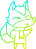 cold gradient line drawing cartoon wolf in winter clothes vector