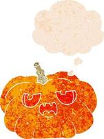 cartoon pumpkin and thought bubble in retro textured style vector