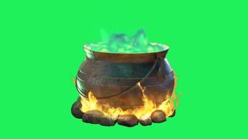 Animation witch's potion cauldron on green background. video