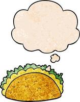 taco de dibujos animados y burbuja de pensamiento en estilo de patrón de textura grunge vector