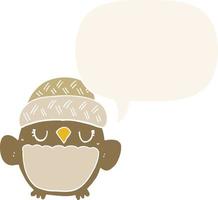 cute cartoon owl in hat and speech bubble in retro style vector