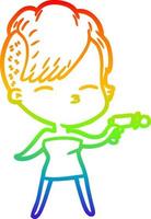 rainbow gradient line drawing cartoon squinting girl pointing ray gun vector