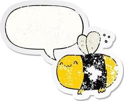 cute cartoon bee and speech bubble distressed sticker vector