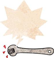 cartoon spanner turning nut and speech bubble in retro textured style