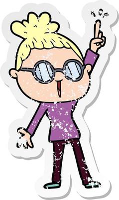distressed sticker of a cartoon woman wearing spectacles