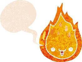 cartoon flame and speech bubble in retro textured style vector