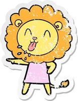 distressed sticker of a happy cartoon lion vector
