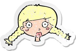 retro distressed sticker of a cartoon confused female face vector