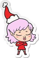 pretty sticker cartoon of a elf girl wearing santa hat vector