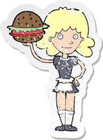 pegatina retro angustiada de una camarera de dibujos animados con hamburguesa vector