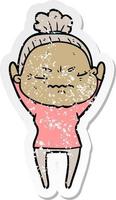 distressed sticker of a cartoon annoyed old lady vector