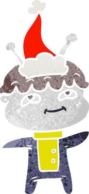 friendly retro cartoon of a spaceman wearing santa hat