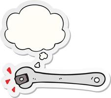 cartoon spanner turning nut and thought bubble as a printed sticker vector