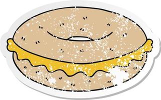 pegatina angustiada de un peculiar bagel de queso de dibujos animados dibujados a mano vector