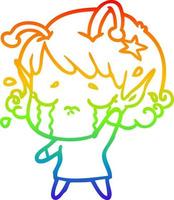 rainbow gradient line drawing cartoon crying alien girl vector