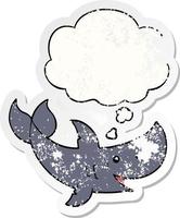cartoon shark and thought bubble as a distressed worn sticker vector