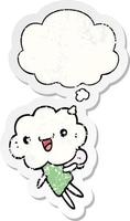 cartoon cloud head creature and thought bubble as a distressed worn sticker vector