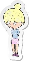 retro distressed sticker of a cartoon woman staring vector