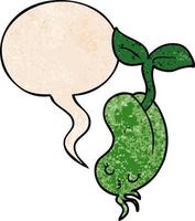 cartoon sprouting bean and speech bubble in retro texture style vector