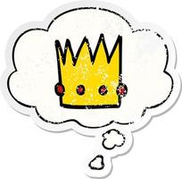 cartoon crown and thought bubble as a distressed worn sticker vector