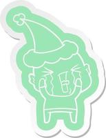 cartoon  sticker of a crying bald man wearing santa hat vector