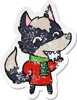 distressed sticker of a cartoon hungry wolf in winter clothes vector