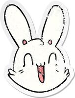 distressed sticker of a cartoon crazy happy bunny face vector