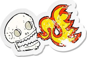 pegatina retro angustiada de un cráneo en llamas de dibujos animados vector