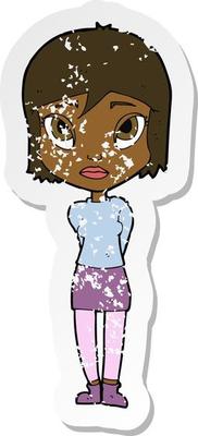retro distressed sticker of a cartoon shy girl