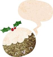 cute cartoon christmas pudding and speech bubble in retro textured style vector