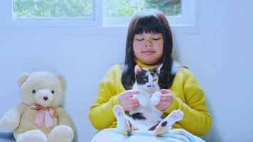 Asian girl sitting with cat at home video