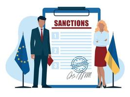 Sanctions. Business people. A man in a business suit with a folder, politician, businessmen. An official woman. Flag of Ukraine and the European Union. sanctions document. Vector image.