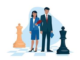 Strategy. Business people and chess stand on a chess board. Woman and man in business suits. Office staff, worker, student, teacher. Vector image.