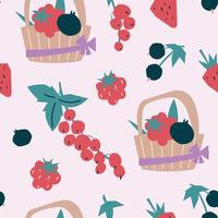 Summer fruits and berries. Seamless pattern. Currant, raspberry, strawberry. Basket with berries. Vector image.