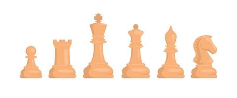 Chess. Set of white chess pieces. Knight, rook, pawn, bishop, king, queen. Vector image.