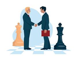 Strategy. Business people and chess stand on a chessboard. Men in business suits shake hands. Office staff, worker, student, teacher. Vector image.