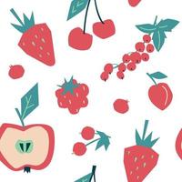 Summer fruits and berries. Seamless pattern. Currant, raspberry, strawberry, apple, cherry. Vector image.