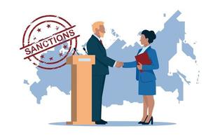 Sanctions. Politics. Business people. A man and a woman in business suits shake hands, politicians, businessmen, presenters. Russia map with Sanctions stamp. Vector image.