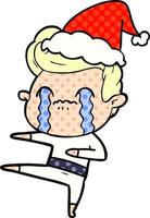 comic book style illustration of a man crying wearing santa hat vector