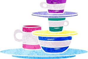 retro cartoon doodle of colourful bowls and plates vector